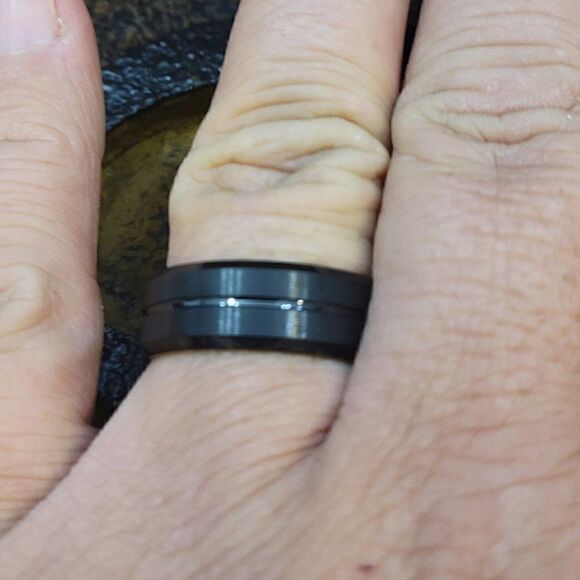 Personalized Men's Black Wedding Ring Band With a Black Center Groove Outer Band - Picture 3 of 8